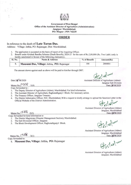 D.{"T\" Assistant Director of Agriculture (Admn) {Sffi Jangipur, Murshidabad Copy Forwarded To: 1