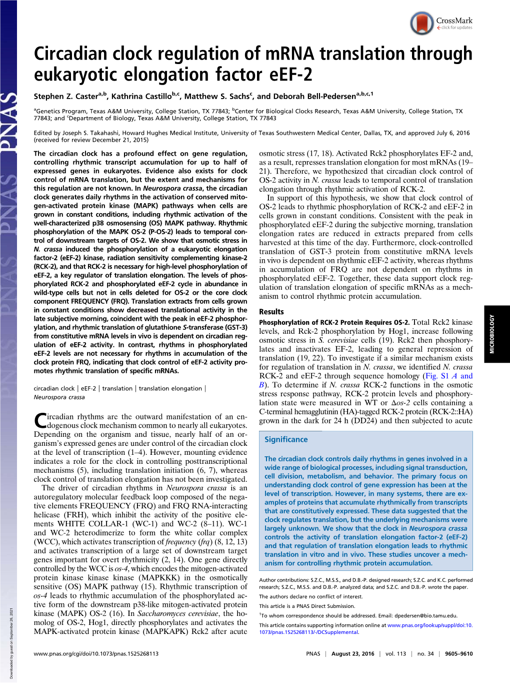 Circadian Clock Regulation of Mrna Translation Through Eukaryotic Elongation Factor Eef-2