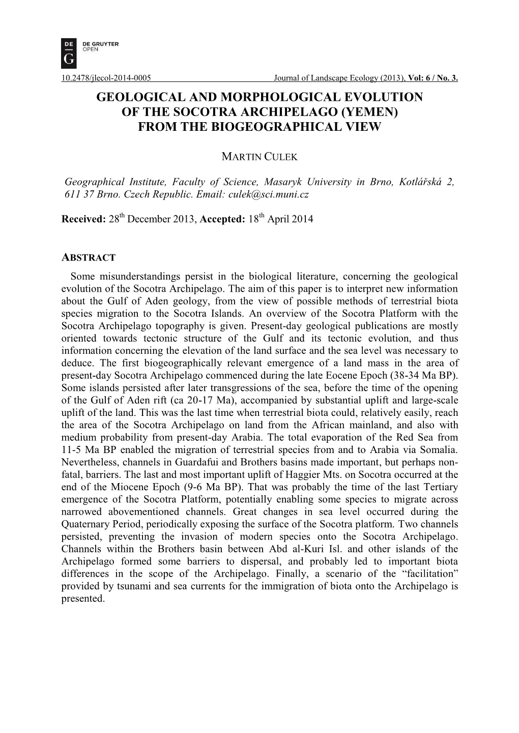 Geological and Morphological Evolution of the Socotra Archipelago (Yemen) from the Biogeographical View