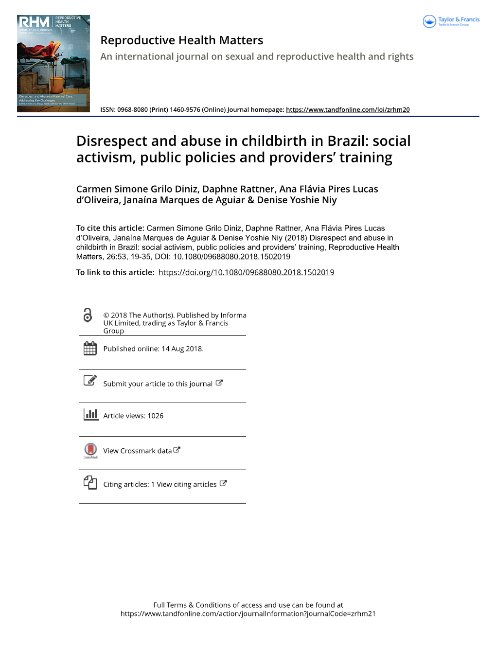 Disrespect and Abuse in Childbirth in Brazil: Social Activism, Public Policies and Providers’ Training