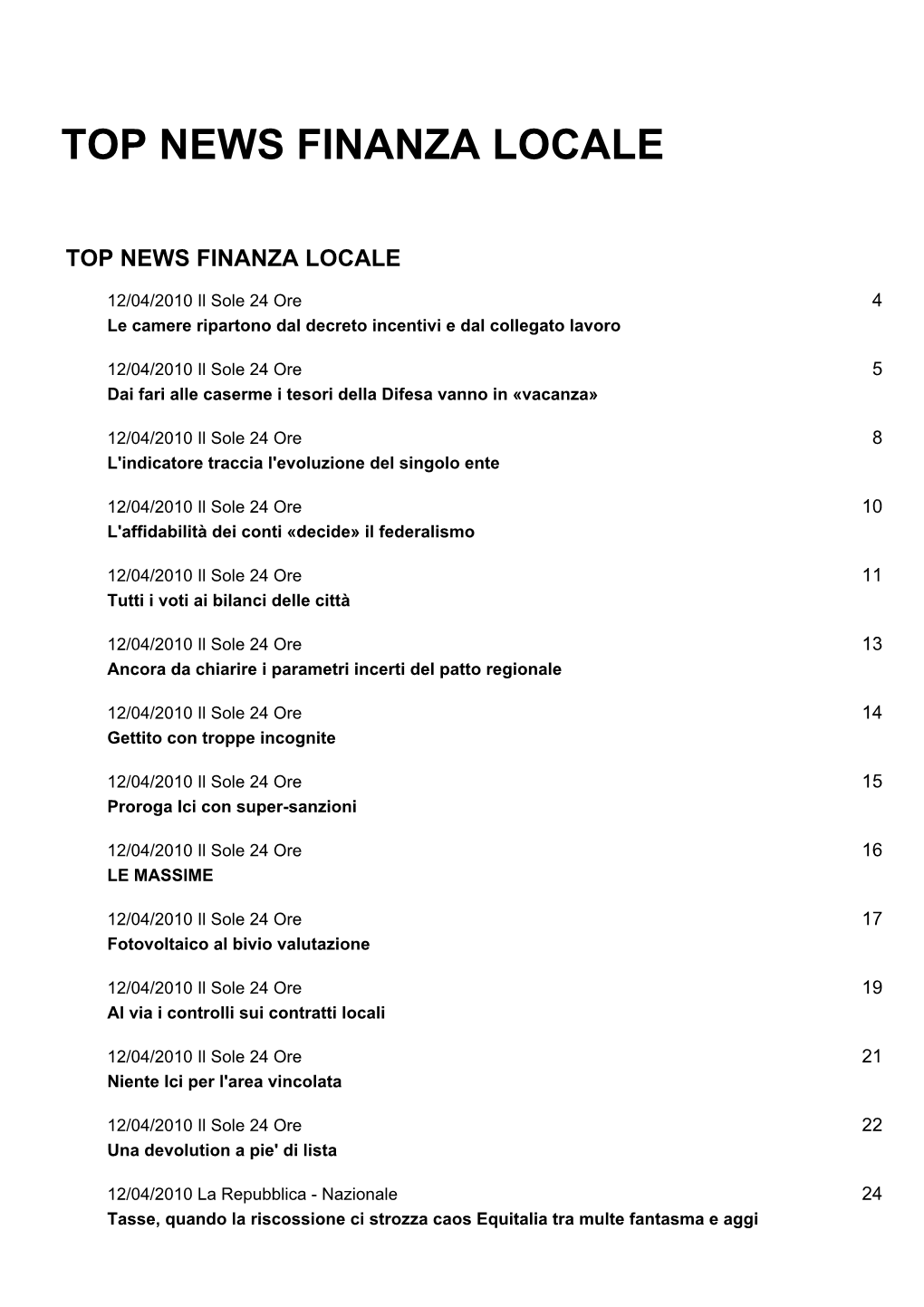 Top News Finanza Locale