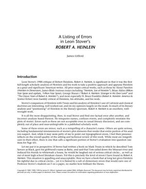 A Listing of Errors in Leon Stover's Robert A. Heinlein