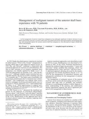 Management of Malignant Tumors of the Anterior Skull Base: Experience with 76 Patients