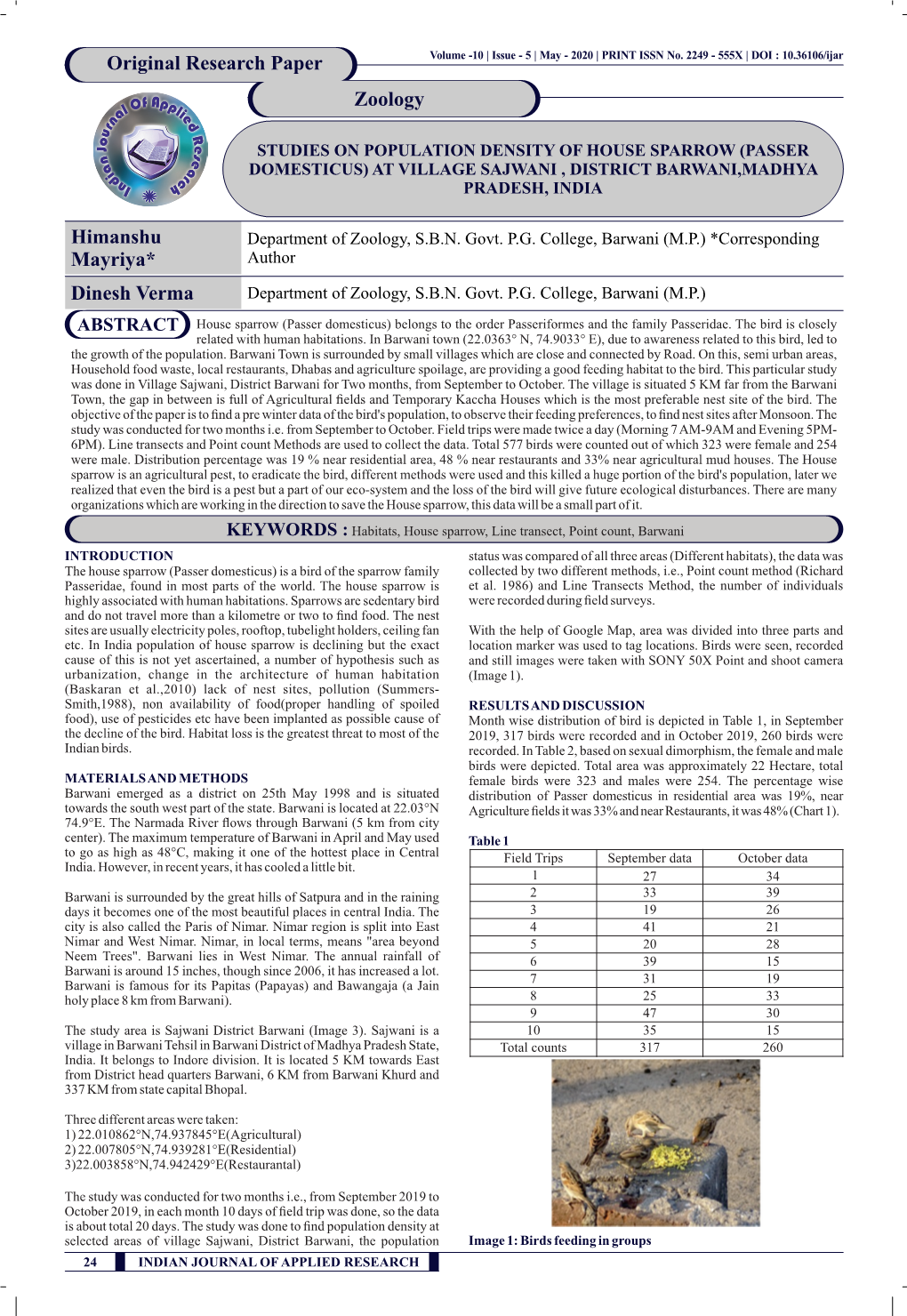 Himanshu Mayriya* Original Research Paper Zoology Dinesh Verma