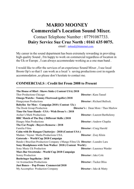 Mario Mooney Sound Cv for Commercials Copy