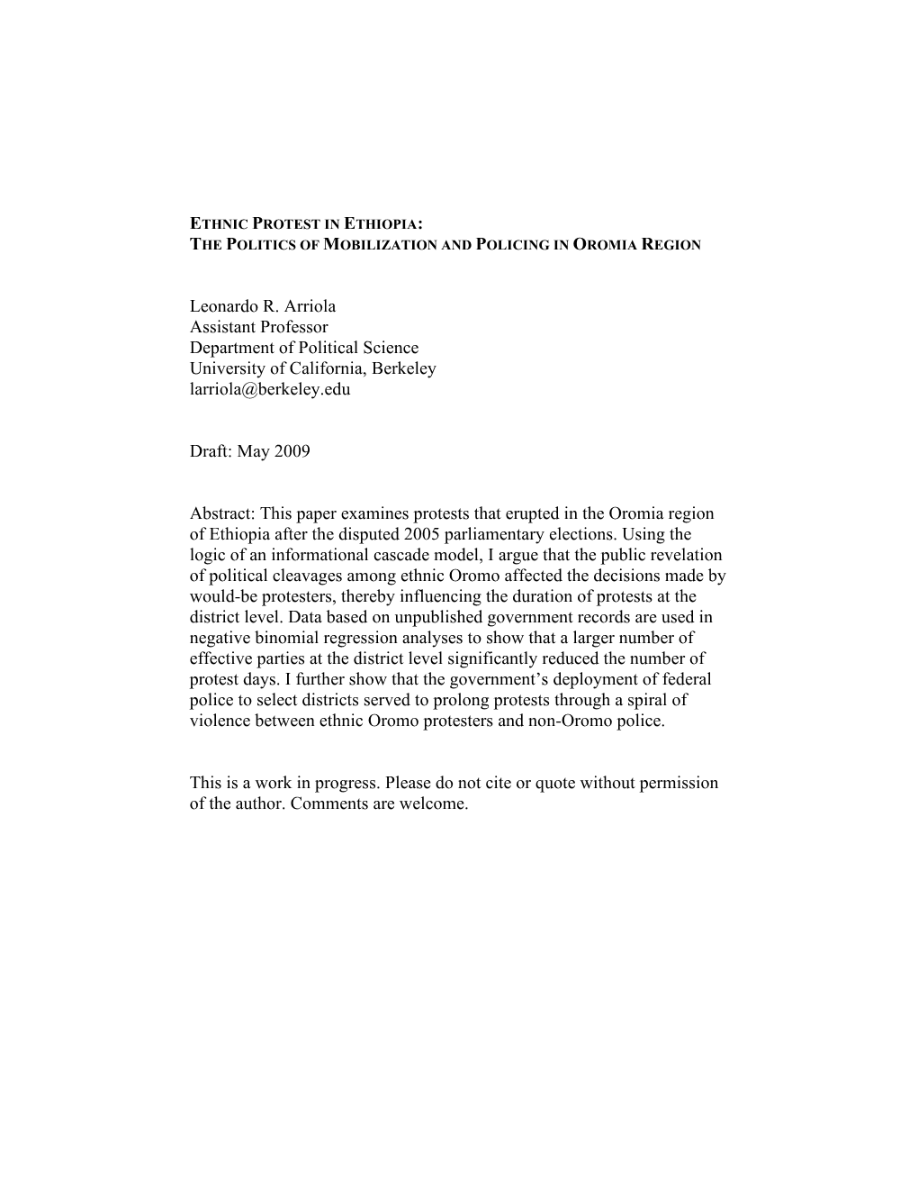 Leonardo R. Arriola Assistant Professor Department of Political Science University of California, Berkeley Larriola@Berkeley.Edu