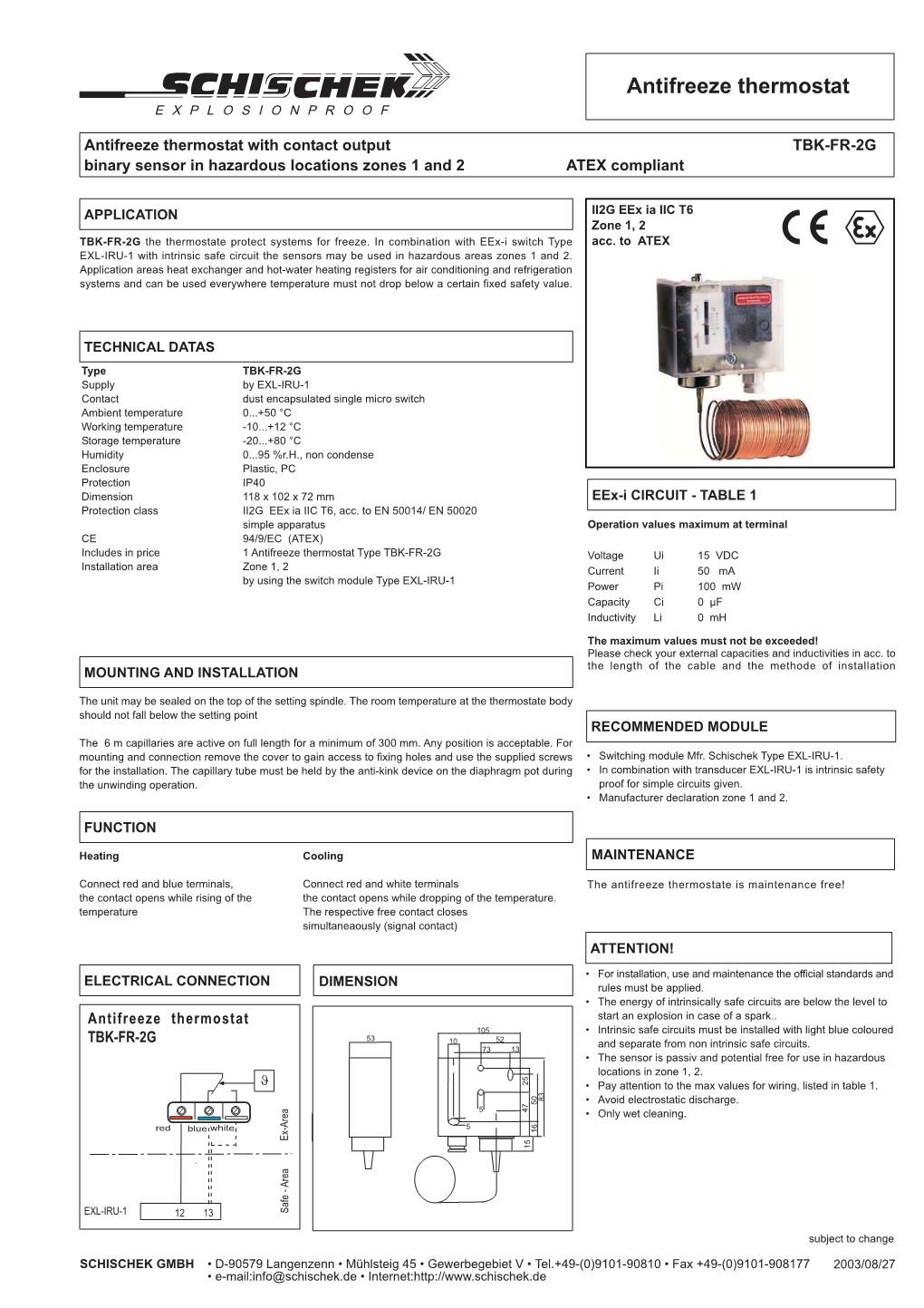 Antifreeze Thermostat EXPLOSIONPROOF