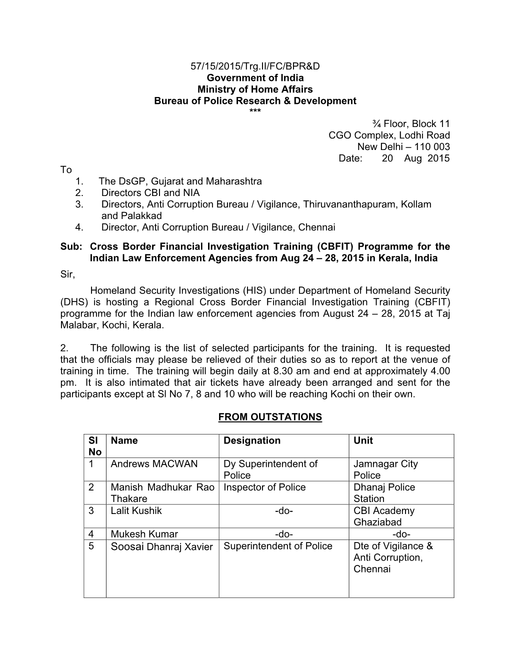 57/15/2015/Trg.II/FC/BPR&D Government of India Ministry Of