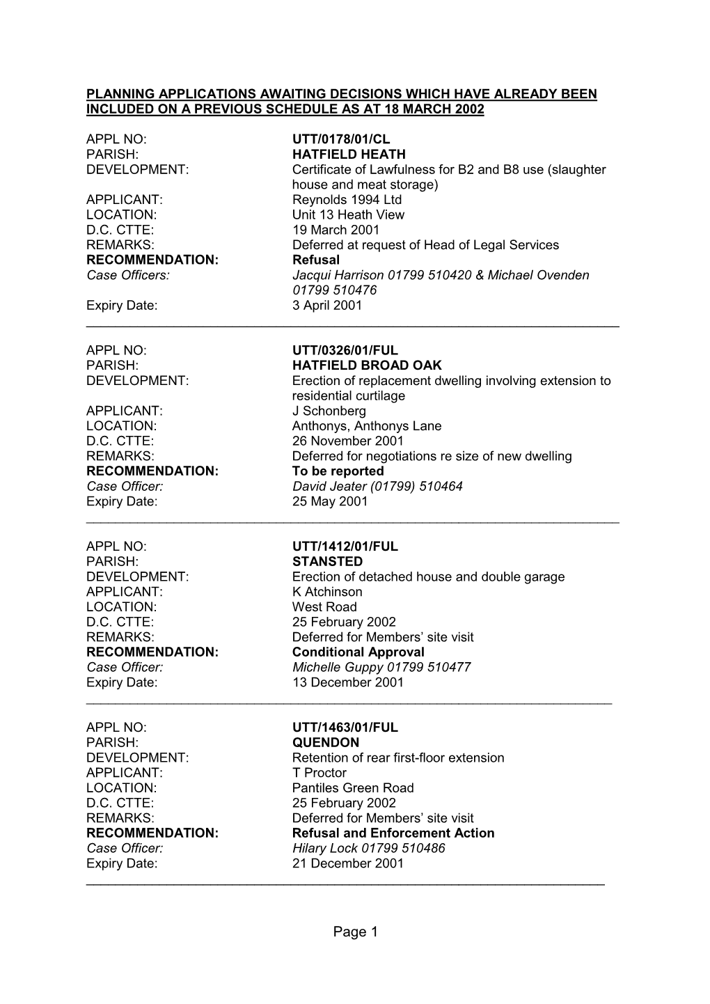 Planning Applications Awaiting Decisions Which Have Already Been Included on a Previous Schedule As at 18 March 2002