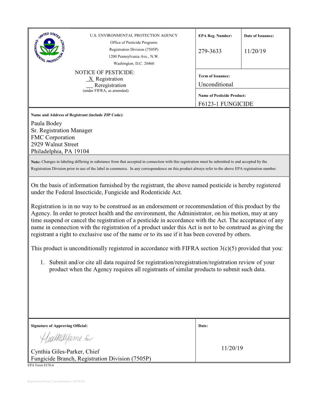 US EPA, Pesticide Product Label, F6123-1 Fungicide,11/20/2019