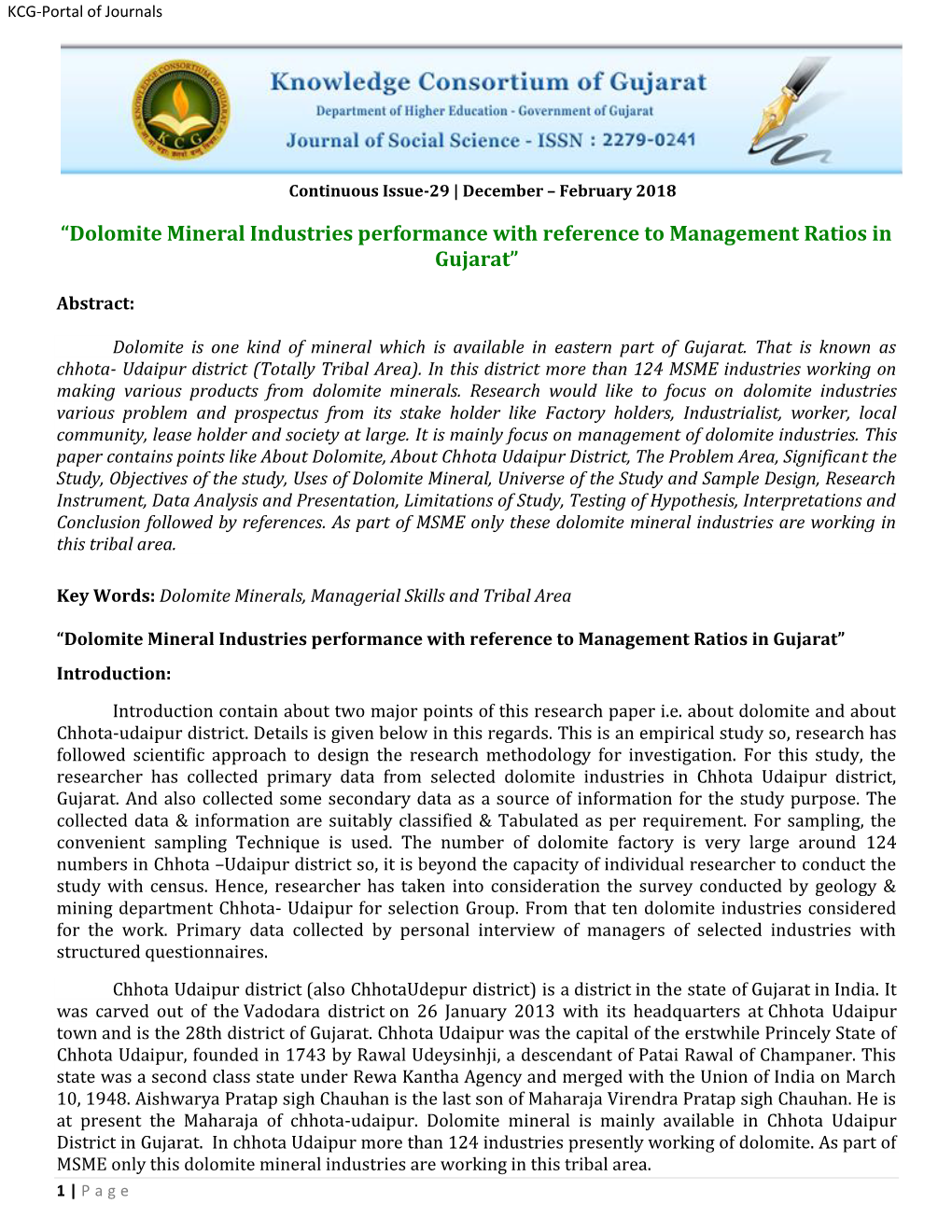 Dolomite Mineral Industries Performance with Reference to Management Ratios in Gujarat”