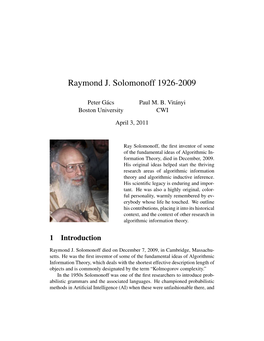 Raymond J. Solomonoff 1926-2009