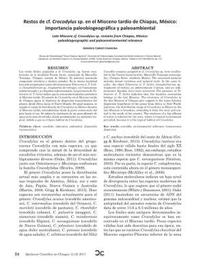 Restos De Cf. Crocodylus Sp. En El Mioceno Tardío De Chiapas, México: Importancia Paleobiogeográfica Y Paleoambiental Late Miocene Cf