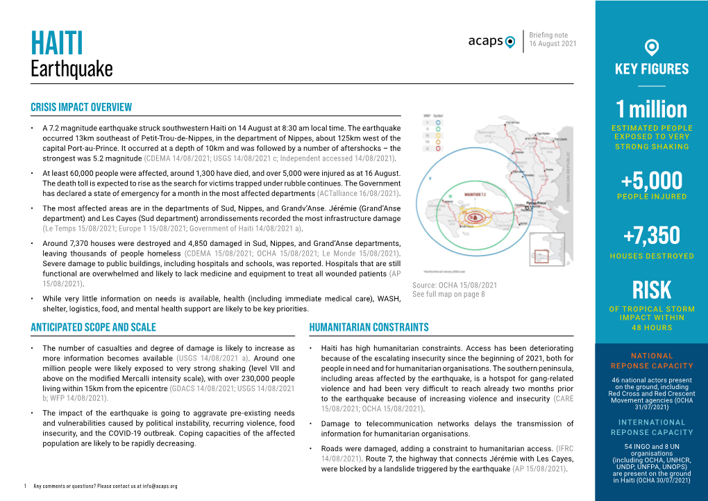 HAITI 16 August 2021 Earthquake KEY FIGURES CRISIS IMPACT OVERVIEW 1 Million • a 7.2 Magnitude Earthquake Struck Southwestern Haiti on 14 August at 8:30 Am Local Time