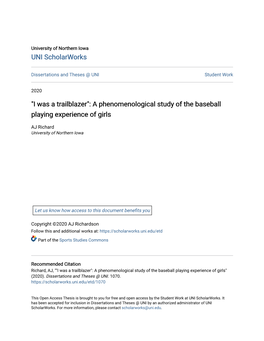 A Phenomenological Study of the Baseball Playing Experience of Girls
