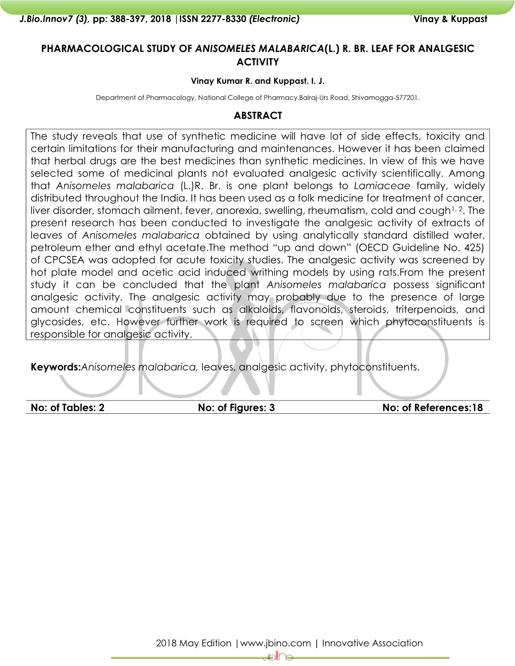 Pharmacological Study of Anisomeles Malabarica(L.) R. Br. Leaf for Analgesic Activity