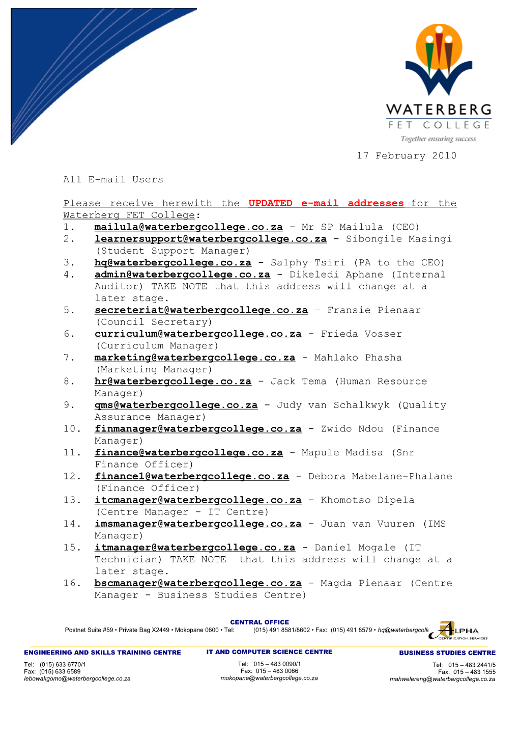 Please Receive Herewith the UPDATED E-Mail Addresses for the Waterberg FET College