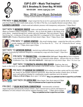 Music That Inspires! Nov. 2016 Live Music Schedule