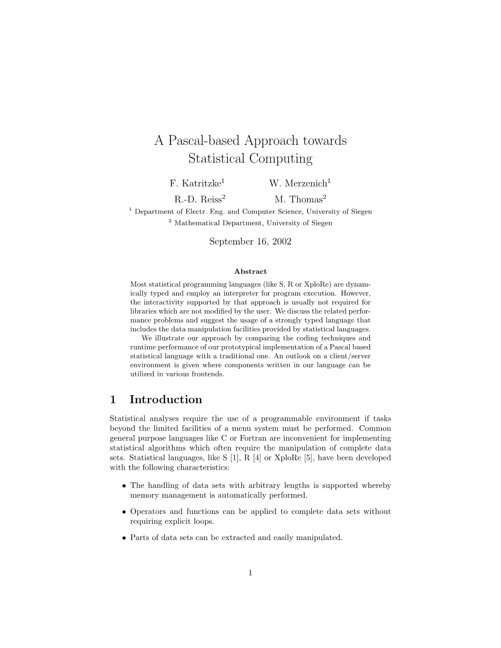 A Pascal-Based Approach Towards Statistical Computing