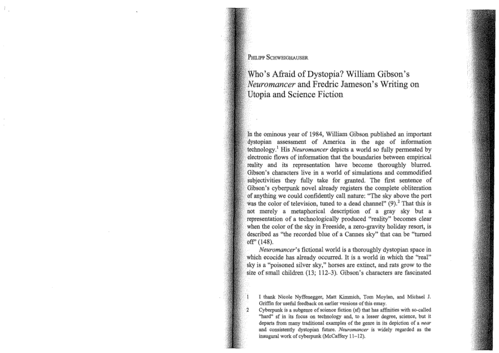 William Gibson's Neuromancer and Fredric Jameson's Writing on ·.•Utopia and Science Fiction