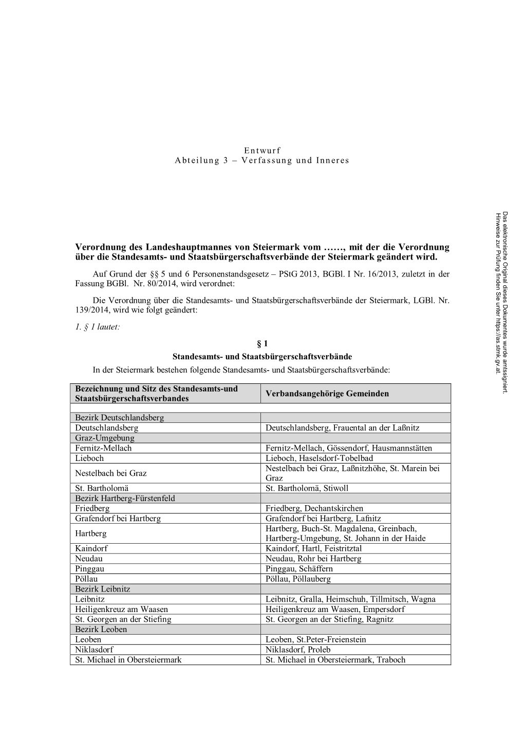 Mit Der Die Verordnung Über Die Standesamts- Und Staatsbürgerschaftsverbände Der Steiermark Geändert Wird