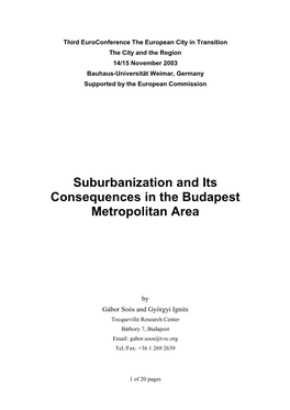 Suburbanization and Its Consequences in the Budapest Metropolitan Area