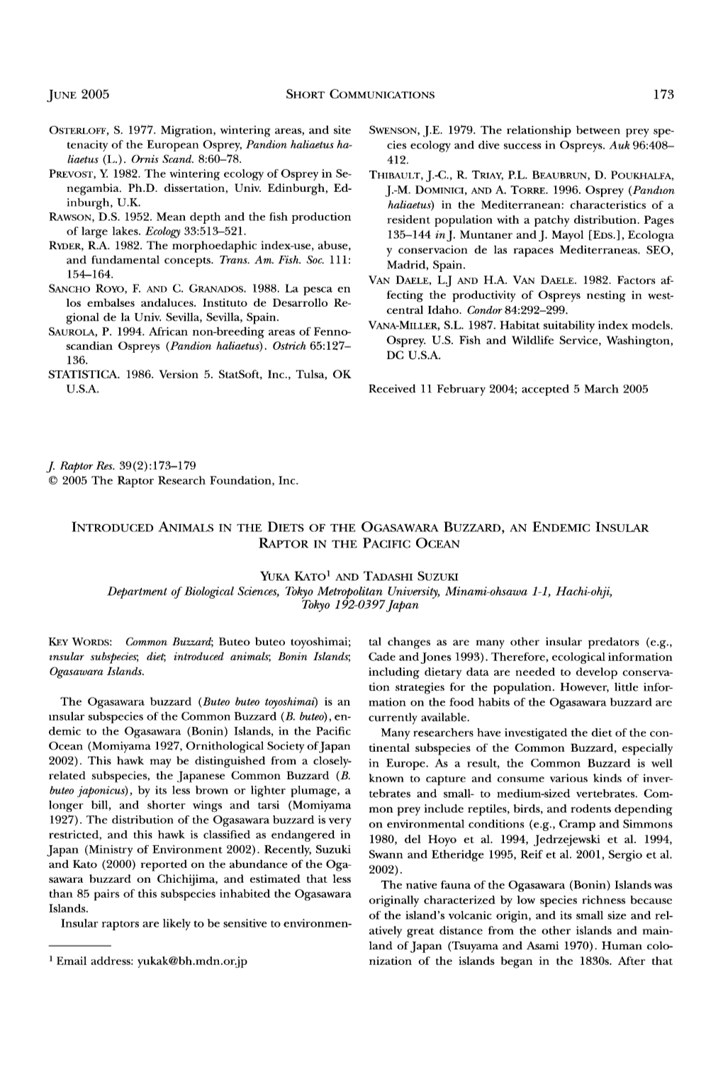 Introduced Animals in the Diets of the Ogasawara Buzzard, an Endemic Insular Raptor in the Pacific Ocean