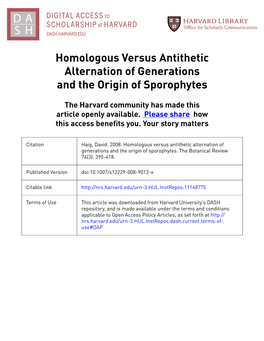 Homologous Versus Antithetic Alternation of Generations and the Origin of Sporophytes