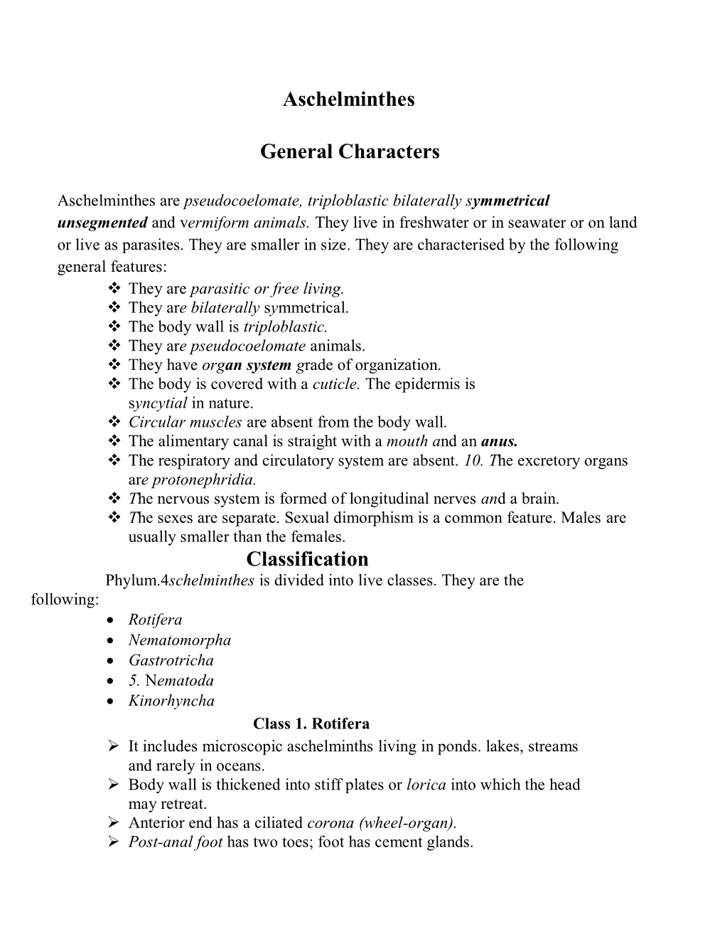 Aschelminthes General Characters Classification