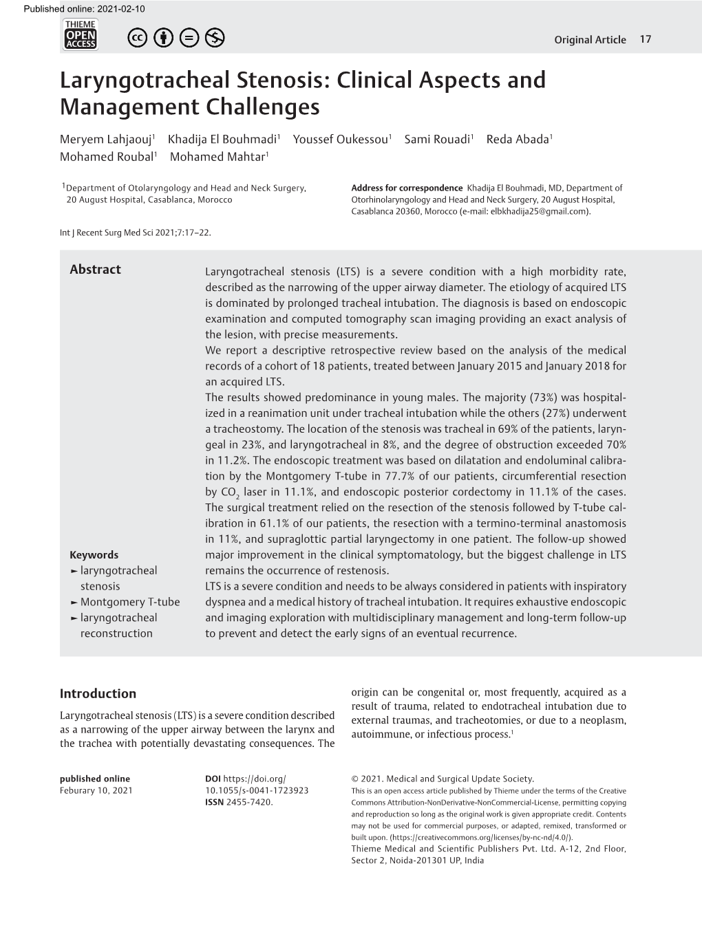 Laryngotracheal Stenosis: Clinical Aspects and Management Challenges