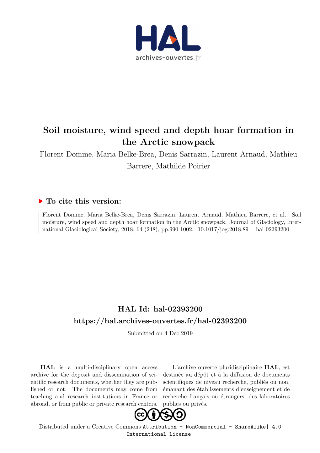 Soil Moisture, Wind Speed and Depth Hoar