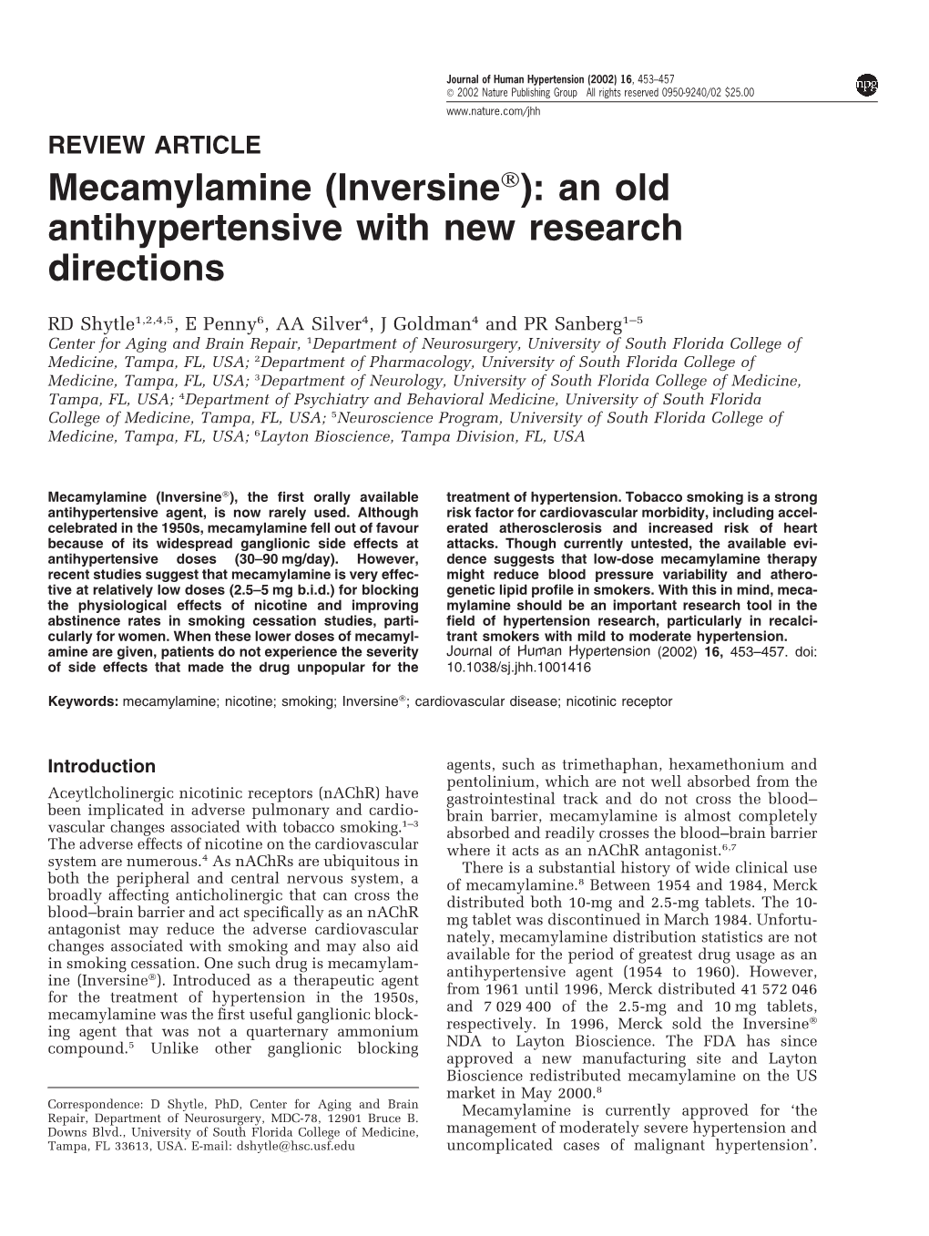 Mecamylamine (Inversine ): an Old Antihypertensive with New Research Directions