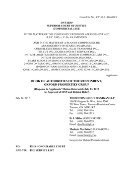 BOOK of AUTHORITIES of the RESPONDENT, OXFORD PROPERTIES GROUP (Response to Applicants’ Motion Returnable July 13, 2017 Re: Approval of SISP and Related Relief)