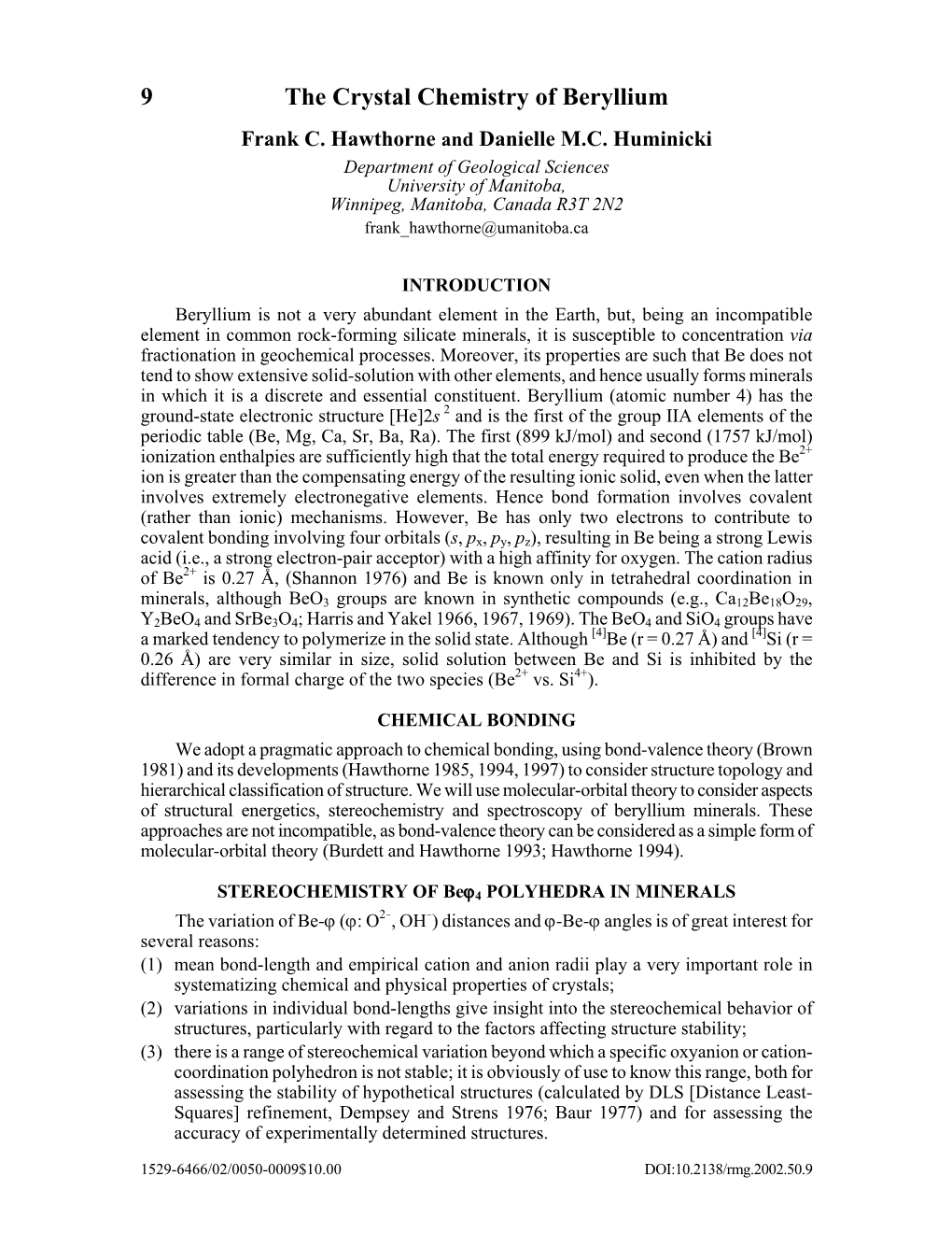 9 the Crystal Chemistry of Beryllium Frank C