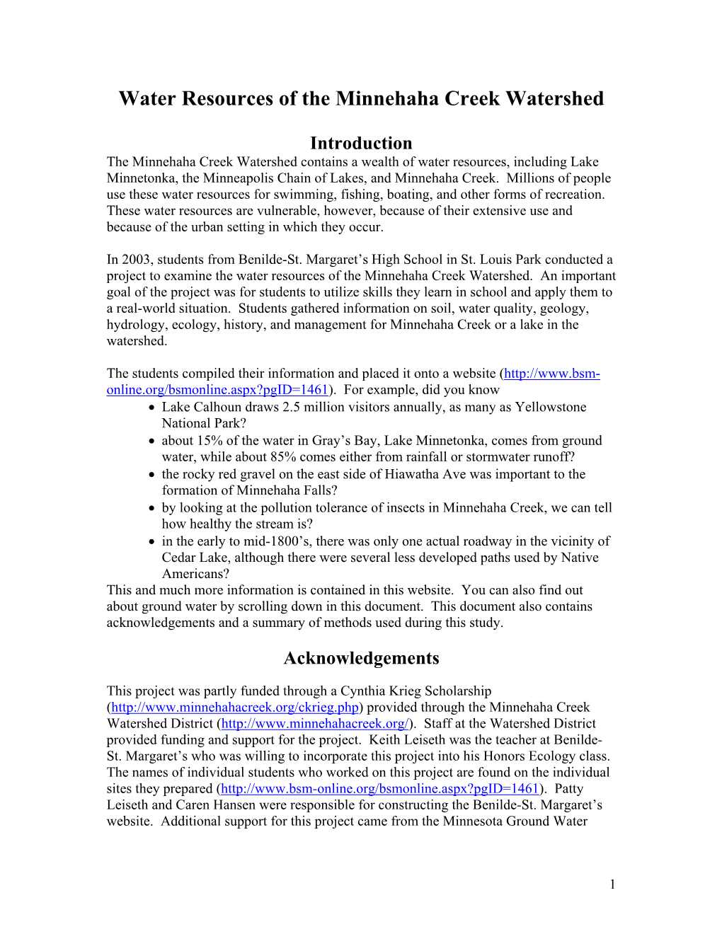 Water Resources of the Minnehaha Creek Watershed