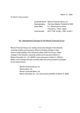 Re: Management Changes for the Mizuho Financial Group