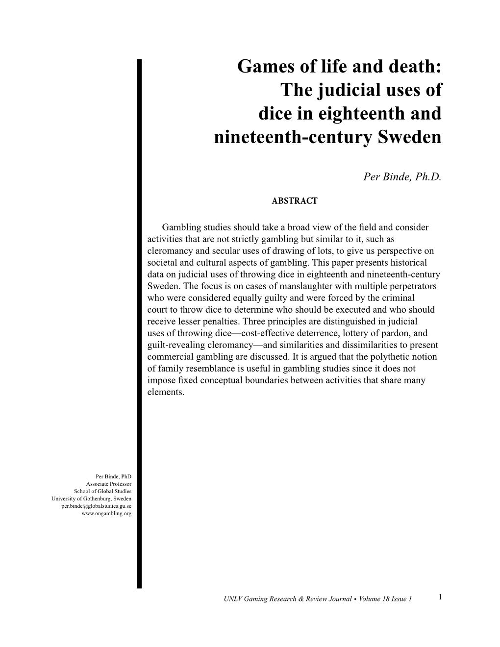 Games of Life and Death: the Judicial Uses of Dice in Eighteenth and Nineteenth-Century Sweden