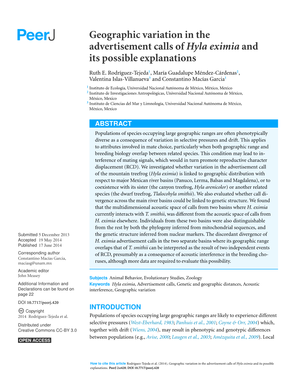 Geographic Variation in the Advertisement Calls of Hyla Eximia and Its Possible Explanations