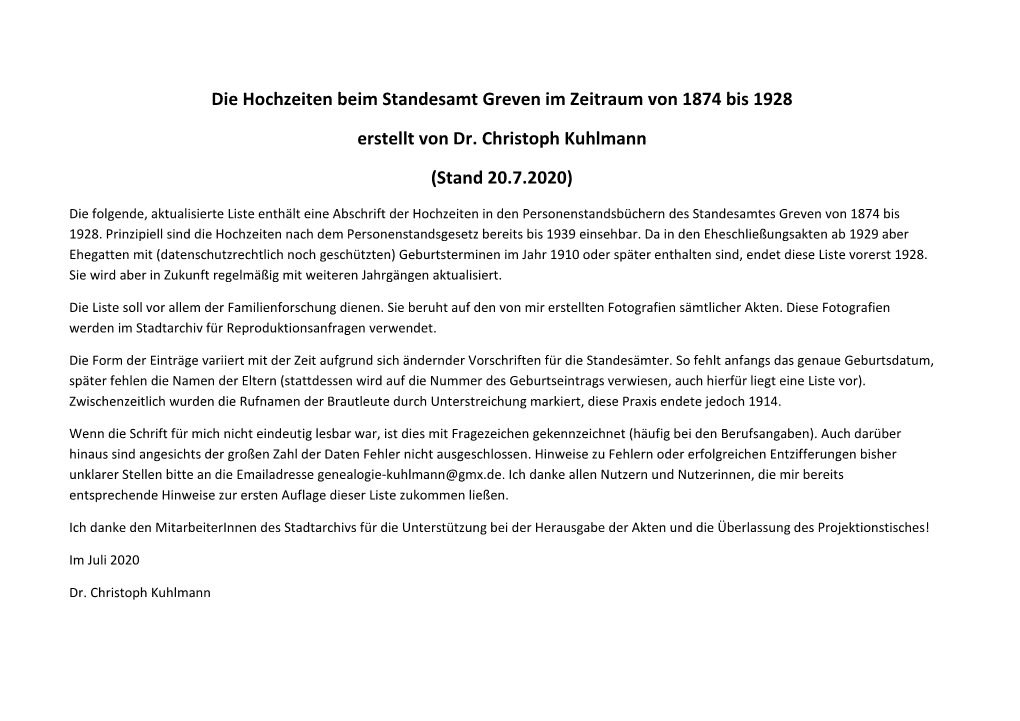 Die Hochzeiten Beim Standesamt Greven Im Zeitraum Von 1874 Bis 1928