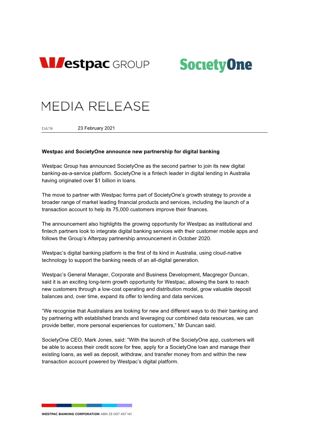 Westpac and Societyone Announce New Partnership for Digital Banking Westpac Group Has Announced Societyone As the Second Partne