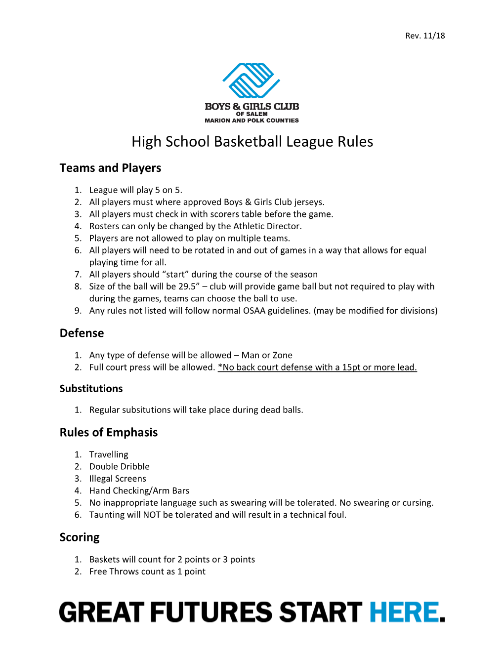 High School Basketball League Rules Teams and Players