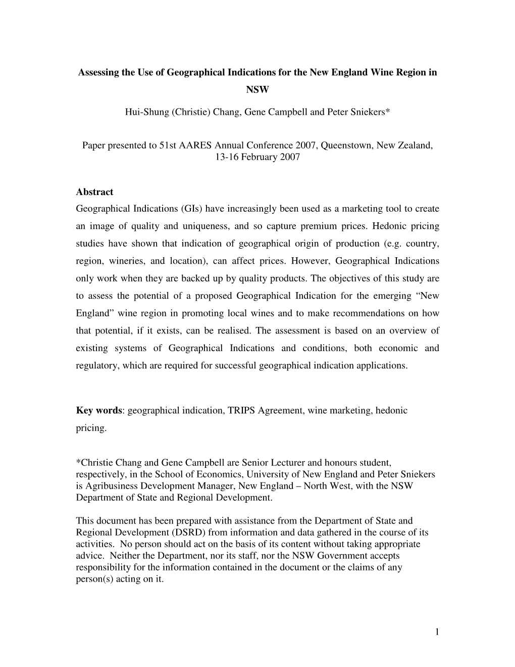 1 Assessing the Use of Geographical Indications for the New England Wine Region in NSW