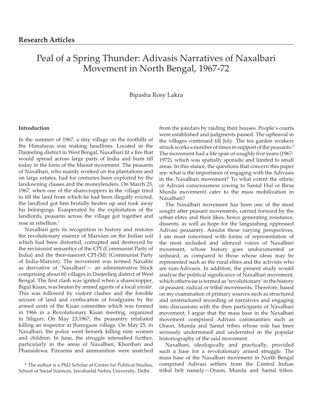 Peal of a Spring Thunder: Adivasis Narratives of Naxalbari Movement in North Bengal, 1967-72