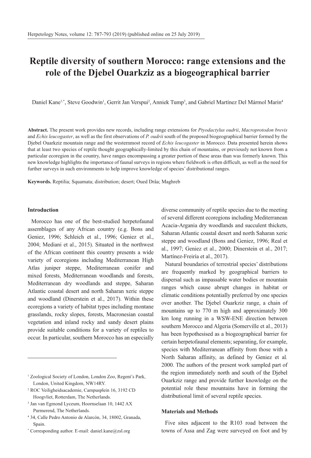 Reptile Diversity of Southern Morocco: Range Extensions and the Role of the Djebel Ouarkziz As a Biogeographical Barrier