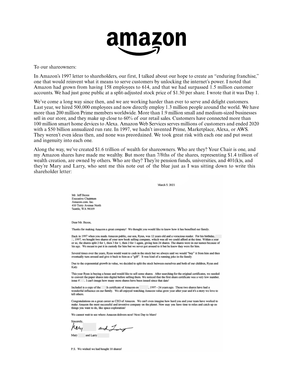 To Our Shareowners: in Amazon's 1997 Letter to Shareholders, Our First