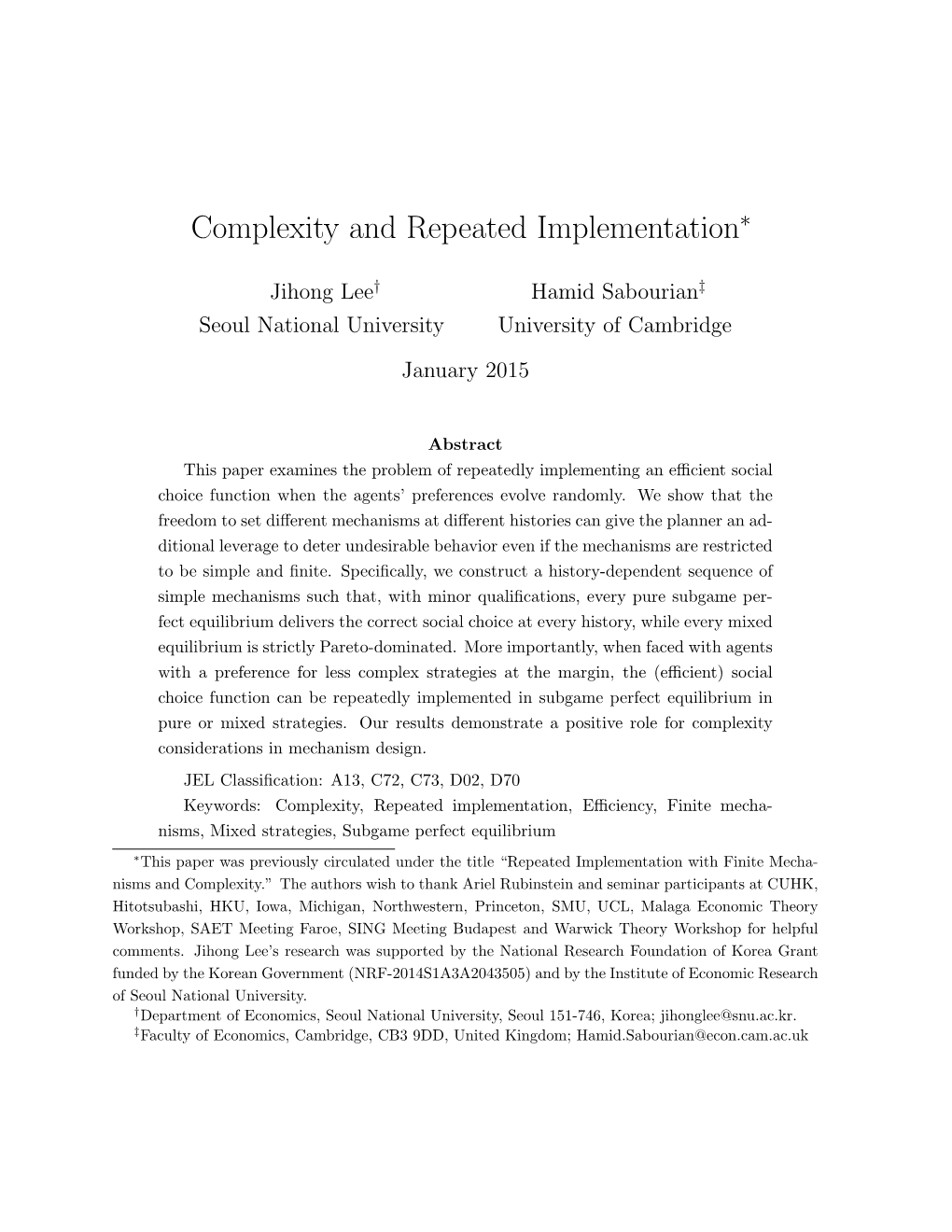 Complexity and Repeated Implementation∗