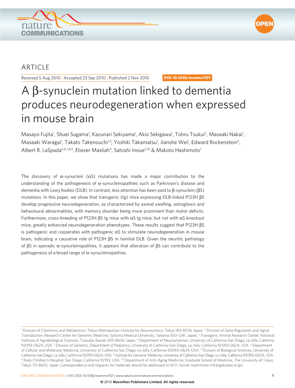 Synuclein Mutation Linked to Dementia Produces Neurodegeneration When Expressed in Mouse Brain