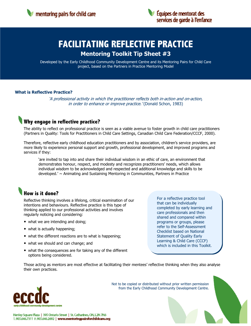 FACILITATING REFLECTIVE PRACTICE Mentoring Toolkit Tip Sheet #3