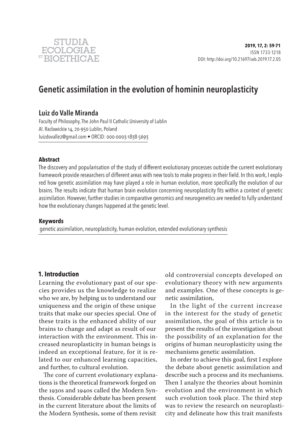 Genetic Assimilation in the Evolution of Hominin Neuroplasticity