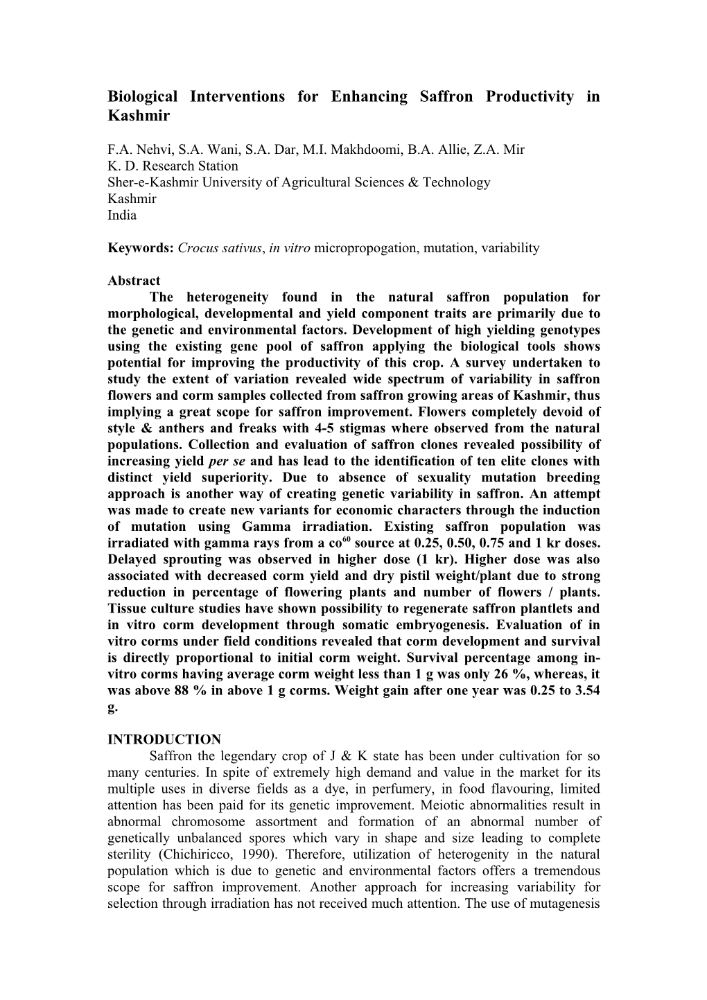 Biological Interventions for Enhancing Saffron Productivity in Kashmir